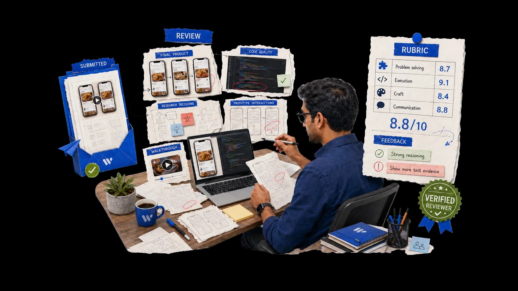 A verified reviewer assessing a submitted project against a structured rubric and providing scores and feedback
