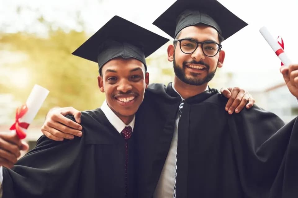 Two graduates in caps and gowns standing outdoors after a ceremony, each holding a diploma tied with a red ribbon.